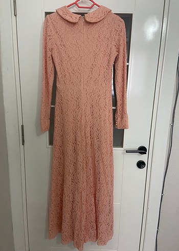 40 Beden pembe Renk Dantel Detaylı Pembe Vintage Kadın Uzun Elbise