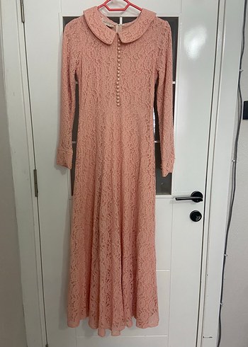 Dantel Detaylı Pembe Vintage Kadın Uzun Elbise