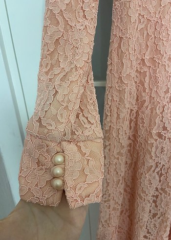 Diğer Dantel Detaylı Pembe Vintage Kadın Uzun Elbise
