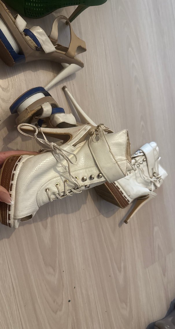 2 çift Kadın Beyaz Deri Platform Topuklu Ayakkabı - Görsel 3