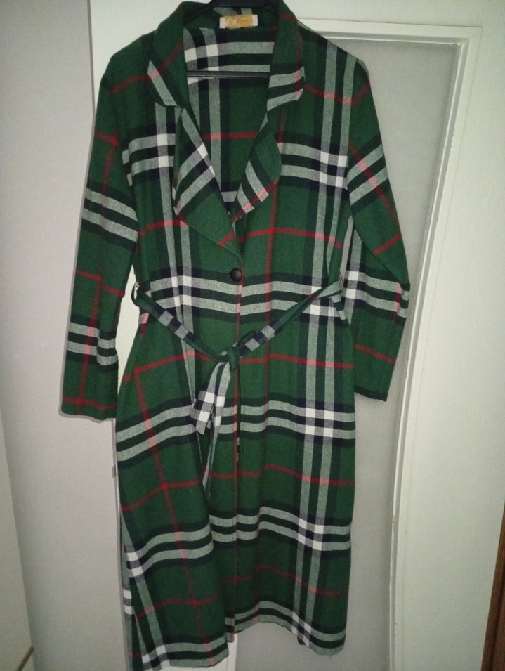 Uzun Kollu Yeşil Ekose Kadın trençkot - Görsel 2