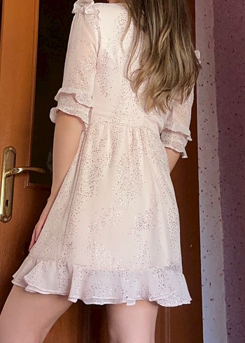 Pembe Mini V Yaka Fırfırlı Elbise
