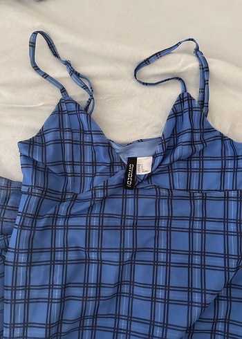 H&M Mavi Kareli Askılı Uzun Elbise