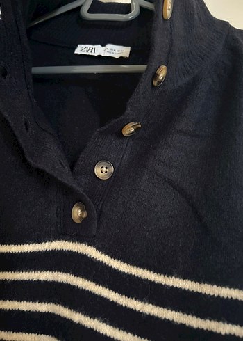 Zara Düğmeli Lacivert Çizgili Kadın Triko