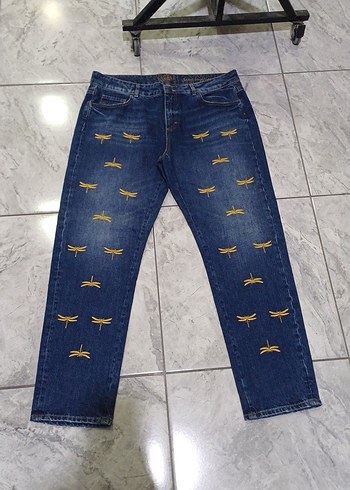 Nakışlı Altın Renkli Kadın Kot Pantolon