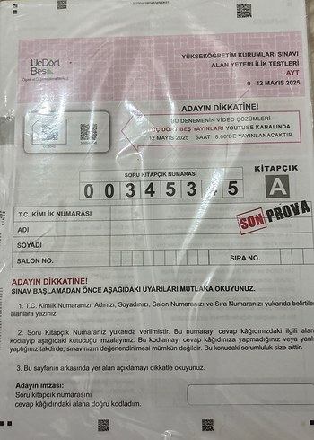 AYT Son Prova Sınav Kitapçığı - 12 Mayıs 2025