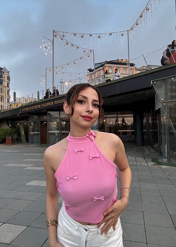 Pembe Halter Yaka Mini Crop Top