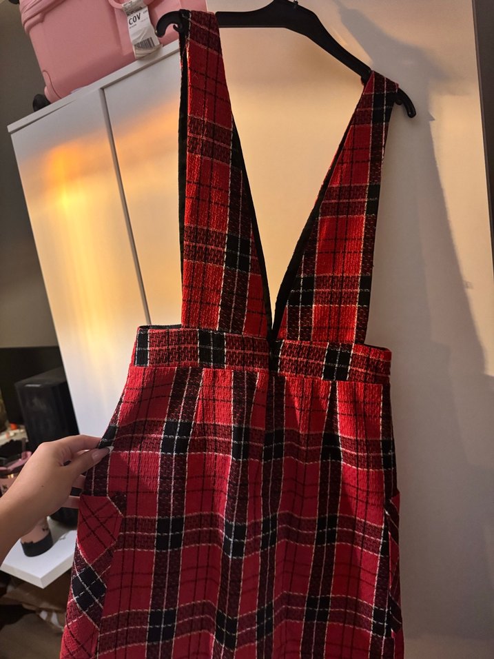 Kareli Kırmızı Askılı Salopet - Görsel 2