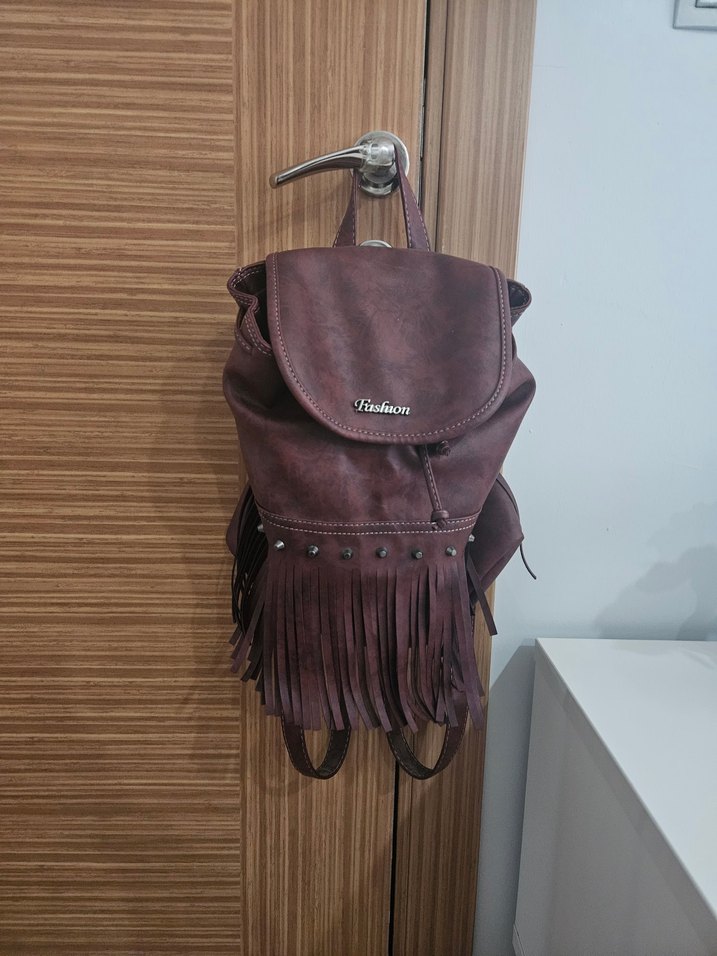 bordo püskül detaylı sırt çantası - Görsel 2