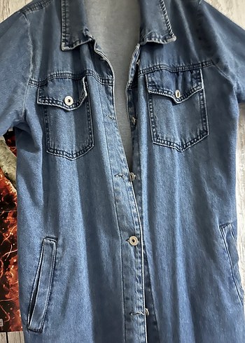 Düğmeli Uzun Mavi Denim Kadın Ceket - Görsel 2
