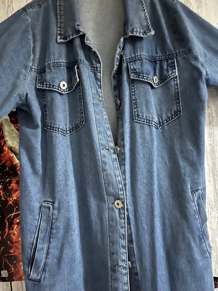 Düğmeli Uzun Mavi Denim Kadın Ceket - Görsel 2