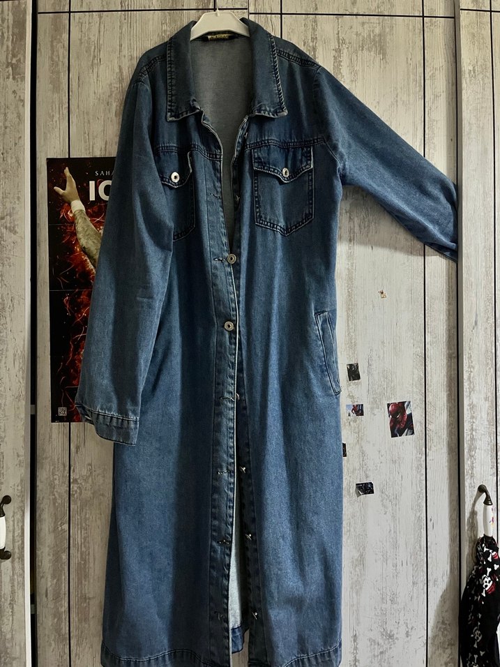 Düğmeli Uzun Mavi Denim Kadın Ceket - Görsel 3