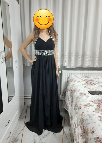 Siyah Gece Elbisesi Boyundan Bağlamalı Taşlı Şık Elbise