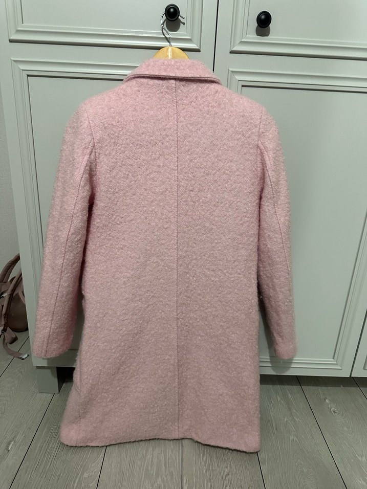 Toz Pembe buklet kumaş  Midi Kadın Kaban, Kürklü Detaylı - Görsel 2