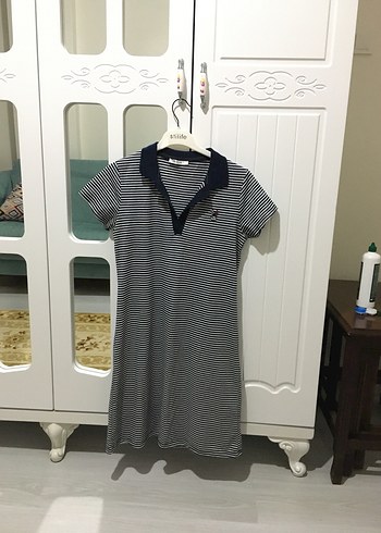 m Beden Gri Çizgili Polo Yaka Midi Elbise