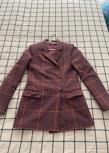34 Beden Kadın Bordo Kareli Midi Blazer Ceket