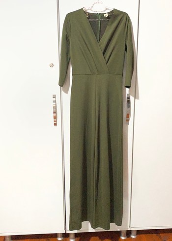 V Yaka Uzun Kollu Haki Kadın Tulum - Görsel 5