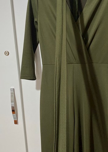 V Yaka Uzun Kollu Haki Kadın Tulum - Görsel 9