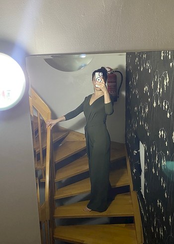 V Yaka Uzun Kollu Haki Kadın Tulum - Görsel 2