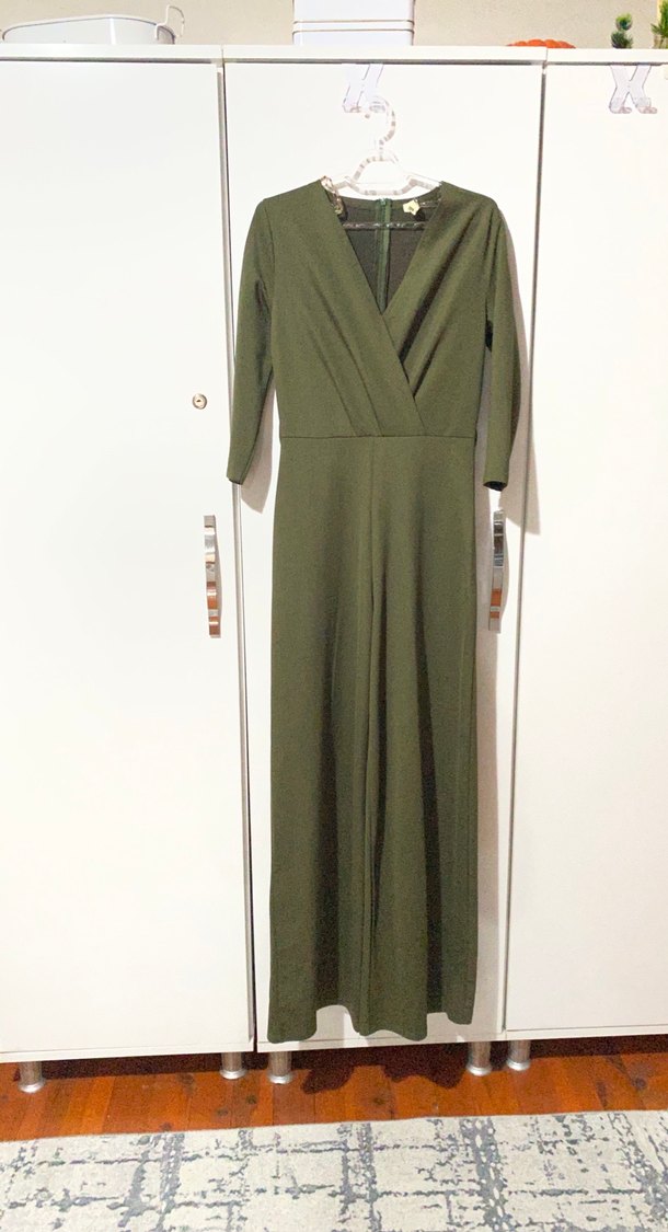 V Yaka Uzun Kollu Haki Kadın Tulum - Görsel 5