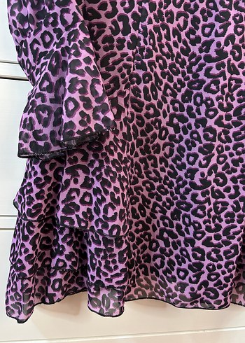 Leopar Desenli Mor Uzun Kollu Elbise - Görsel 5