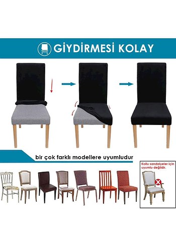 6 adet jakarlı kumaş Gri Modern Düz Sandalye Kılıfı - Görsel 3