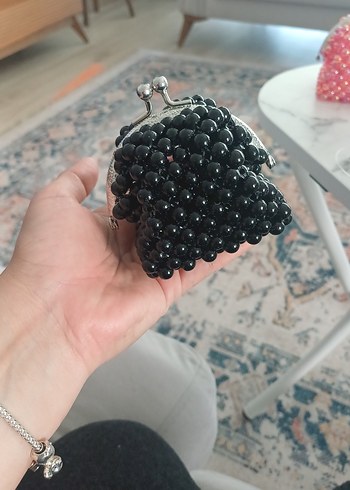 Boncuk İşlemeli Siyah Örgü Kadın Cüzdan