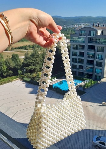  Beden Beyaz Boncuklu Kadın El Çantası