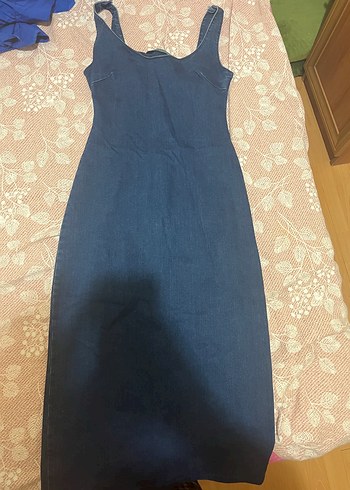 Lacivert Denim Uzun Askılı Elbise