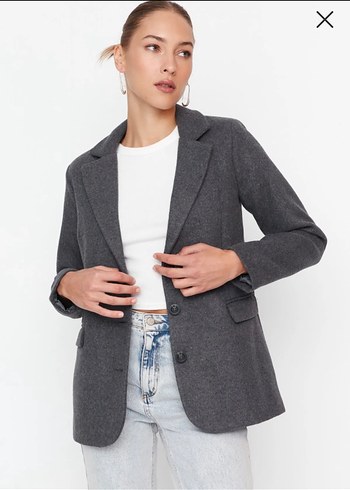 40 Beden Gri Düğmeli Kadın Blazer Ceket