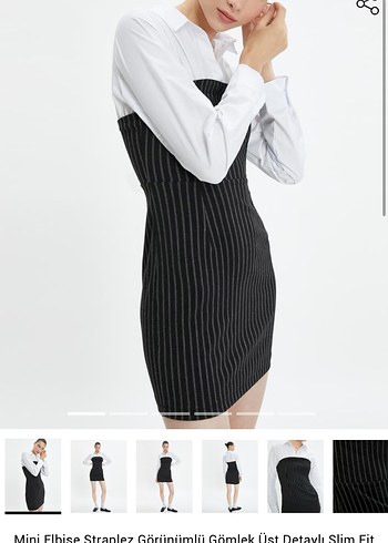 Mini elbise straplez görünümlü gömlek detaylı slim fit elbise