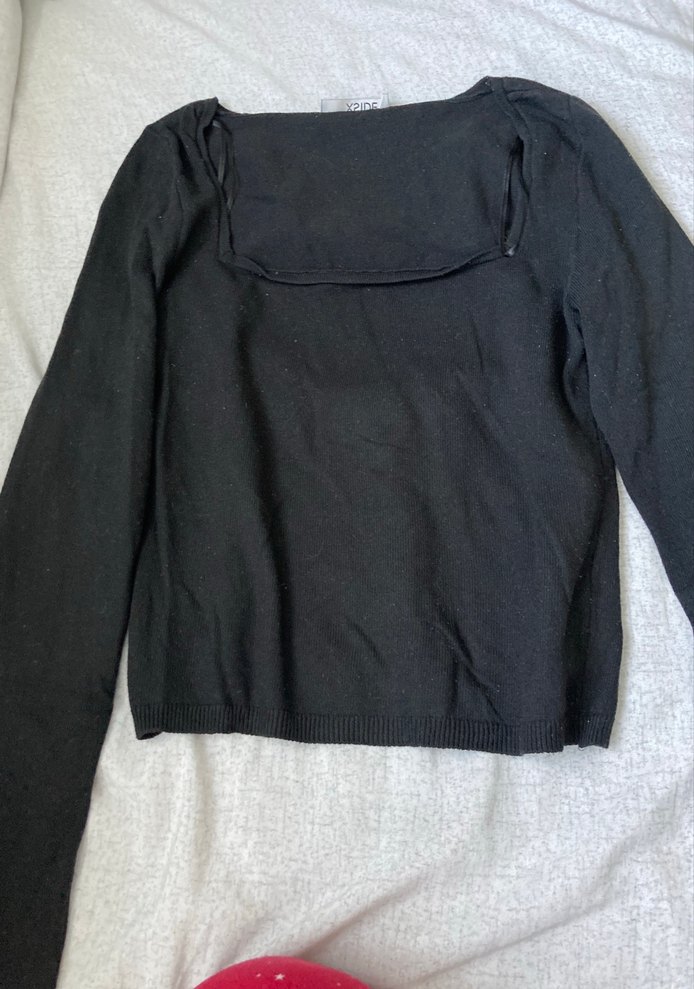 Siyah Kadın Triko Bluz, Uzun Kollu, Kayık Yaka - Görsel 2