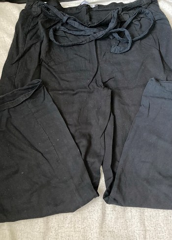 Kadın Siyah Keten Midi Bol Kesim Kemerli Pantolon - Görsel 3