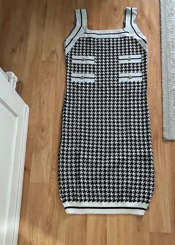 Gri Kareli Uzun Örme Kolsuz Elbise standart - Görsel 5