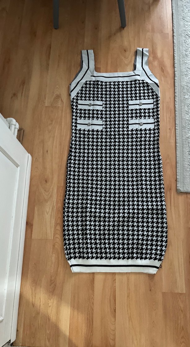 Gri Kareli Uzun Örme Kolsuz Elbise standart - Görsel 5