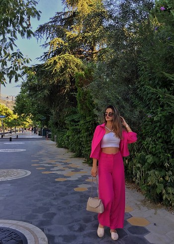 Pembe Salaş Kadın Uzun Ceket ve Pantolon Takımı