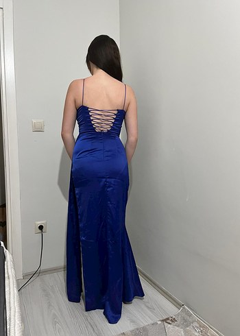 Parlak Lacivert Drapeli Uzun Abiye Elbise - Görsel 2
