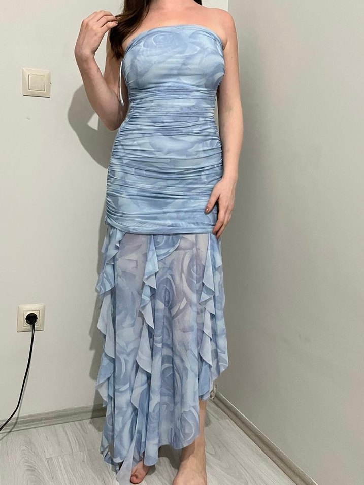 Mavi Drapeli Uzun Straplez Kadın Elbise - Görsel 2