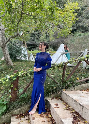 Mavi Uzun Kollu Drapeli Abiye Elbise - Görsel 5