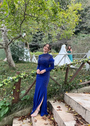 Mavi Uzun Kollu Drapeli Abiye Elbise - Görsel 3