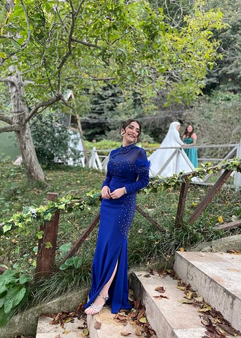 Mavi Uzun Kollu Drapeli Abiye Elbise - Görsel 2