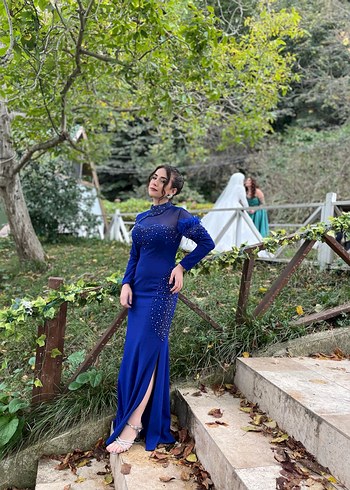 Mavi Uzun Kollu Drapeli Abiye Elbise - Görsel 6