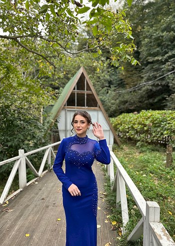 Mavi Uzun Kollu Drapeli Abiye Elbise - Görsel 7