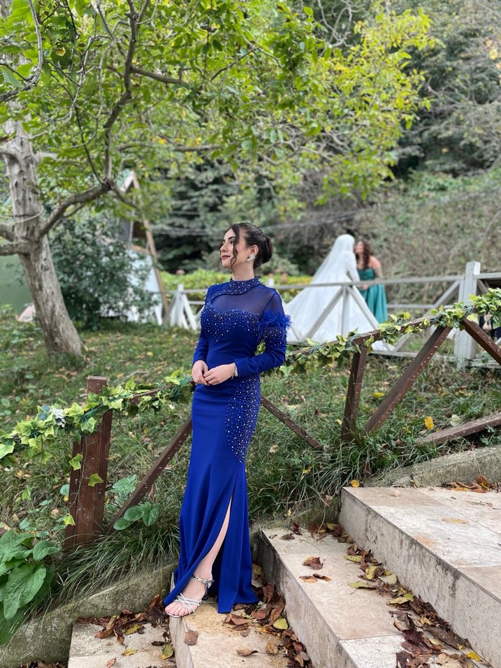 Mavi Uzun Kollu Drapeli Abiye Elbise - Görsel 5