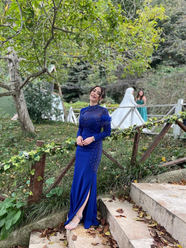 Mavi Uzun Kollu Drapeli Abiye Elbise - Görsel 3