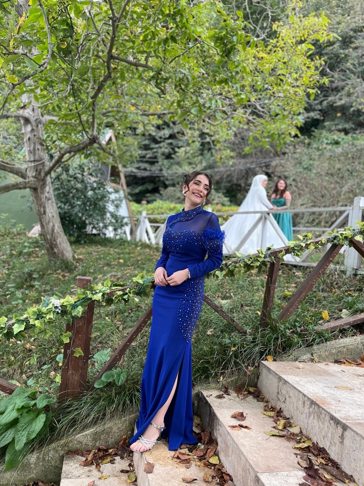 Mavi Uzun Kollu Drapeli Abiye Elbise - Görsel 2