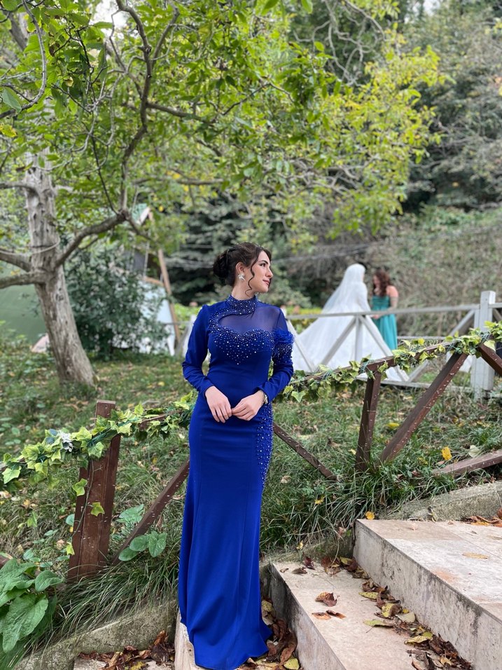 Mavi Uzun Kollu Drapeli Abiye Elbise - Görsel 4