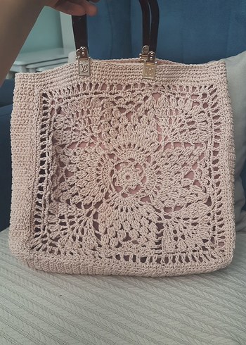 Kağıt iple örülmüş pudra pembe şık kadın çantası