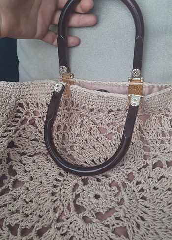 Diğer Kağıt iple örülmüş pudra pembe şık kadın çantası