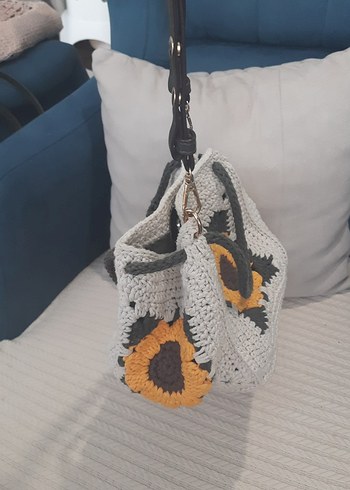 Beden gri Renk Kırık beyaz Örgü Kadın Çanta Çiçek Desenli